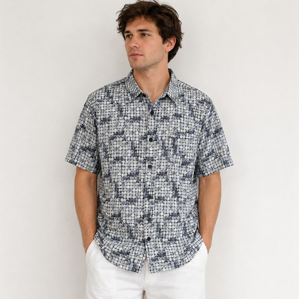 Tommy Bahama Mens XL Gray White‎ Geometric Grid Silk Cotton Short Sleeve Shirt